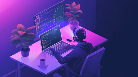 Man in headphones working on a laptop in a dark room. 3d renderingの素材