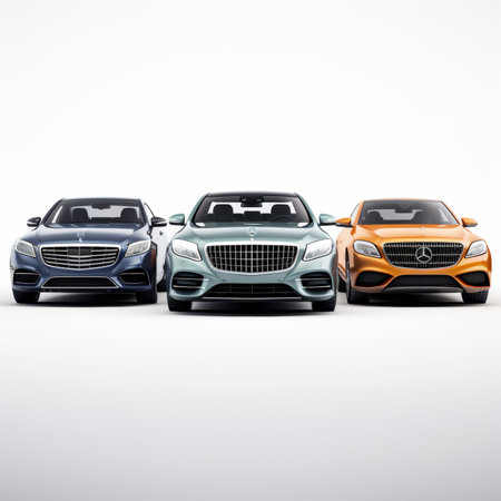 Modern car in a row on a white background with a shadow on the groundの素材