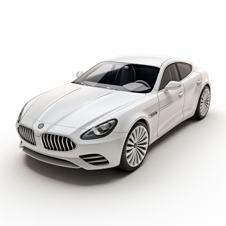 Modern white sports car on a white background with a shadow on the groundの素材