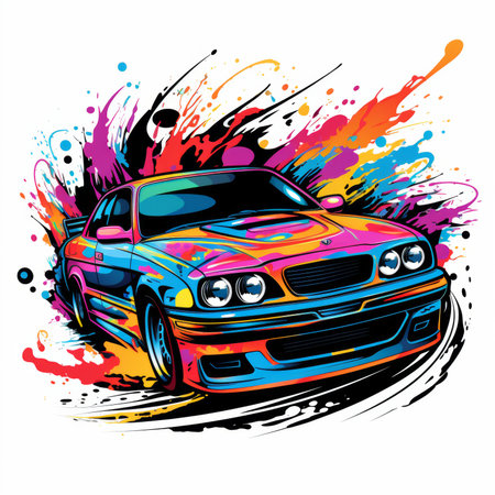 Vector illustration of a sport car on a background of colorful splashesの素材
