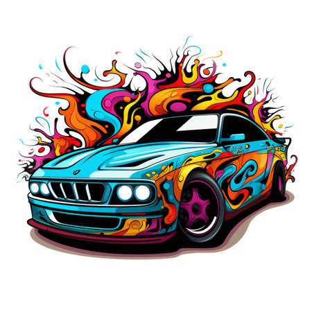 Illustration of a car with colorful paint splashes on a white backgroundの素材