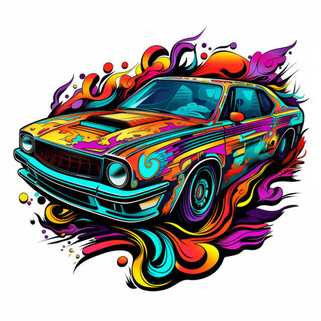 Vector illustration of a retro car with colorful splashes and blotsの素材