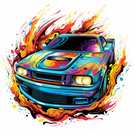 Vector illustration of a sports car on fire background. Side view.の素材