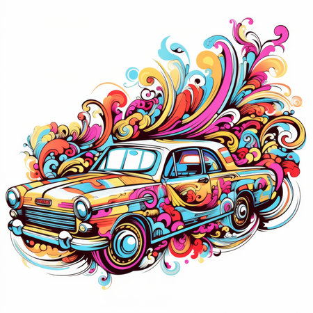 Retro car with colorful floral ornament. Vector illustration for your designの素材