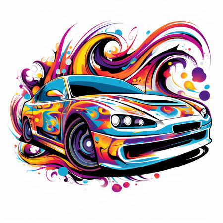 Vector illustration of a car with colorful grunge design elements on white background.の素材