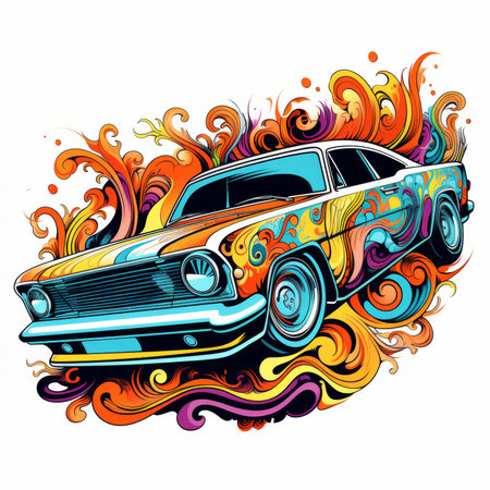 Vector illustration of a retro car on a colorful background. Design for t-shirt.の素材