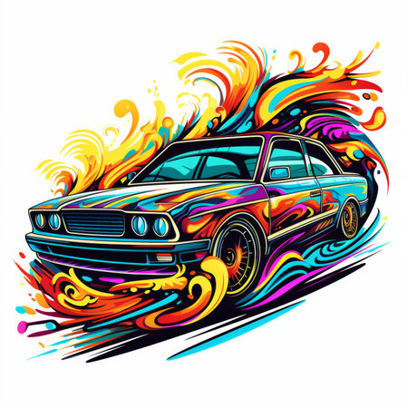 Vector illustration of a car on a colorful background with fire stripes.の素材