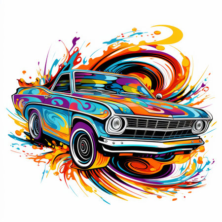 illustration of a vintage car on a background of colored splashesの素材