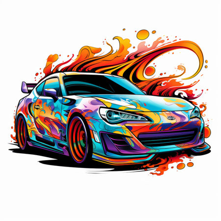Sport car with colorful flames on white background. Vector illustration for your designの素材