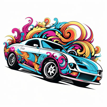 Vector illustration of sport car with colorful doodle elements on white backgroundの素材