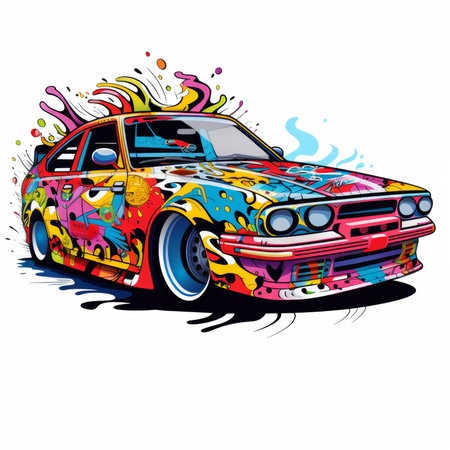 Illustration of a retro car with colorful splashes on white backgroundの素材