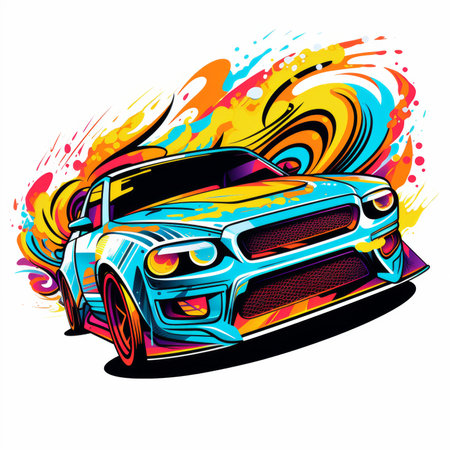 Vector illustration of a sport car on a background of colored splashesの素材