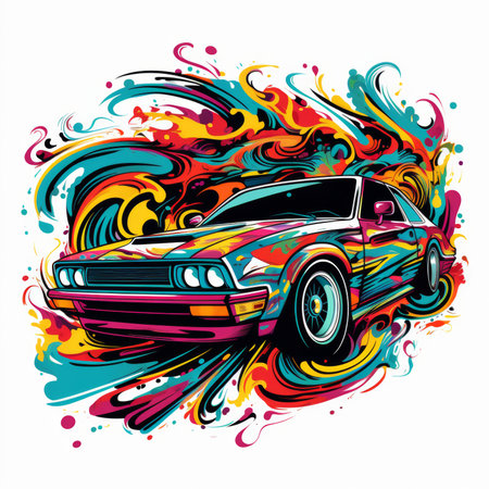 Vector illustration of a classic car on a background of colorful splashesの素材