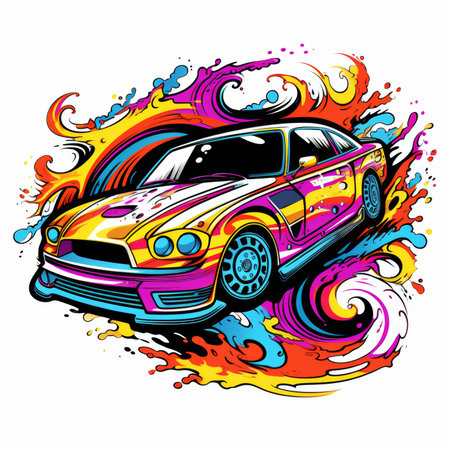 Vector illustration of a sports car on a background of colorful splashesの素材