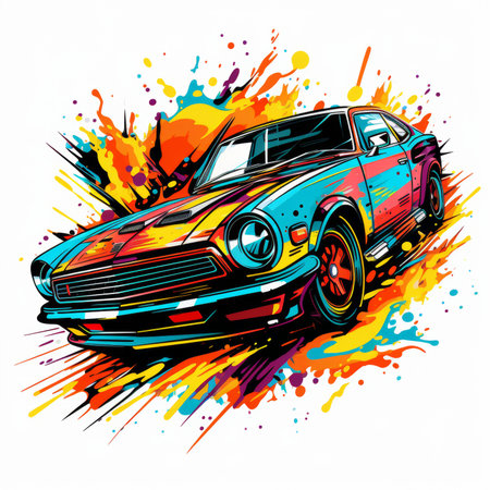 Vector illustration of a vintage car with colorful splashes and blotsの素材