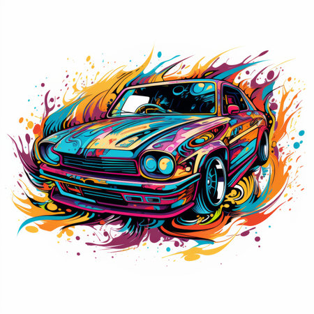 Vintage car with colorful paint splashes on white background. Vector illustration.の素材