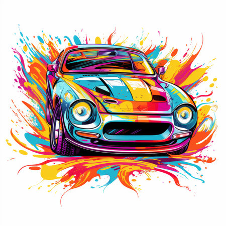 Vector illustration of sport car with colorful splashes on white background.の素材