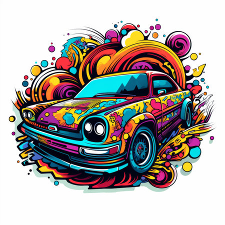 Vector illustration of a vintage car with abstract colorful pattern on white background.の素材