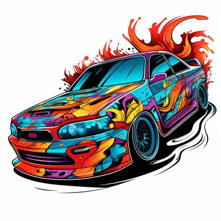 Vector illustration of a racing car in flames. Graphic design for t-shirt.の素材
