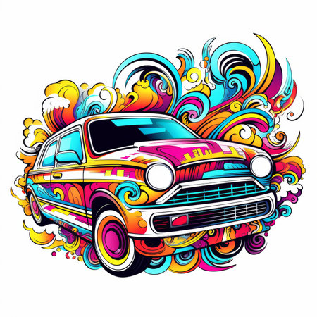Vector illustration of retro car on abstract colorful background. Design for t-shirt and other uses.の素材