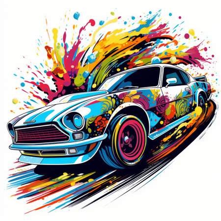 Vector illustration of a vintage car on a background of colored splashesの素材