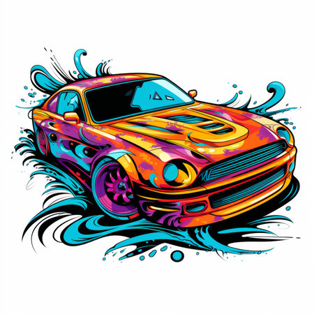 Vintage sports car with splashes of ink. Vector illustration.の素材