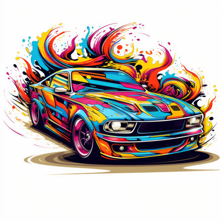 Vector illustration of a sports car on a background of colored splashesの素材