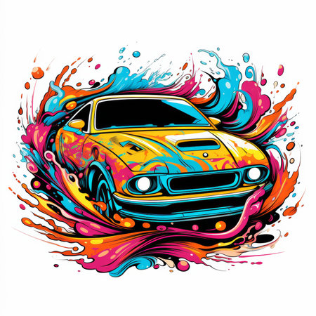 Vector illustration of sport car with colorful splashes on white background.の素材