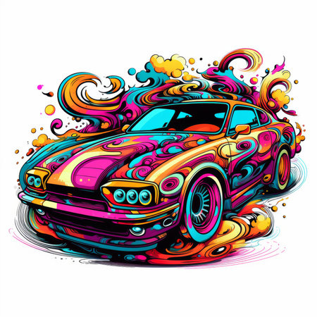 illustration of a retro car with colorful splashes on white backgroundの素材