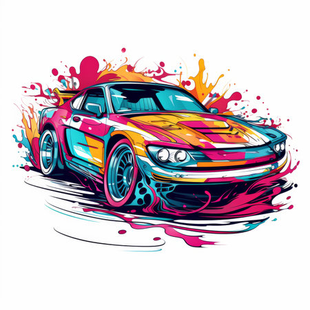 Vector illustration of sport car with splashes and blots on white backgroundの素材