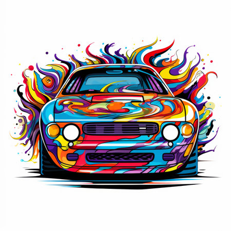 Vector illustration of racing car with colorful flames on white background for your designの素材