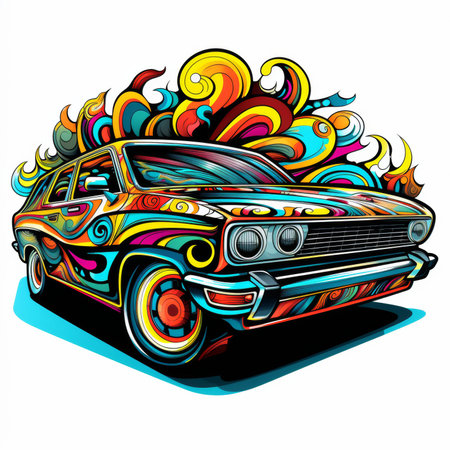 Retro car with colorful pattern. Vector illustration for your design.の素材