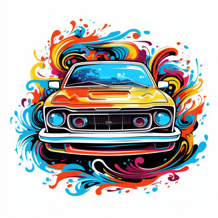 Vector illustration of a retro car with colorful paint splashes on white backgroundの素材