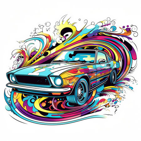 illustration of a retro car on a colorful background with abstract elementsの素材