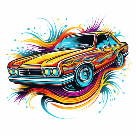 Vector illustration of a retro car on a colored background with splashesの素材