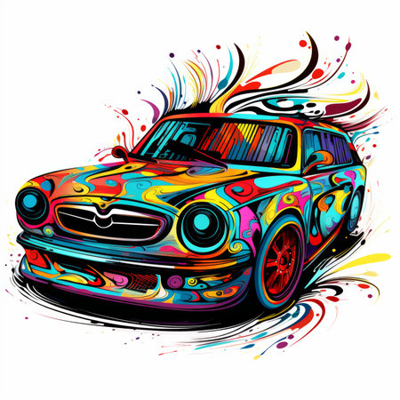 Vector illustration of sport car in abstract colorful splashes on white backgroundの素材