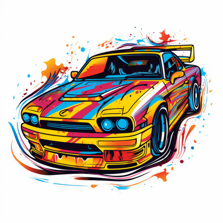 Vintage sport car with colorful splashes on white background. Vector illustration.の素材