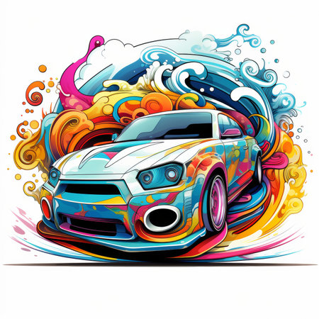 illustration of a car on a colorful background with splashes.の素材