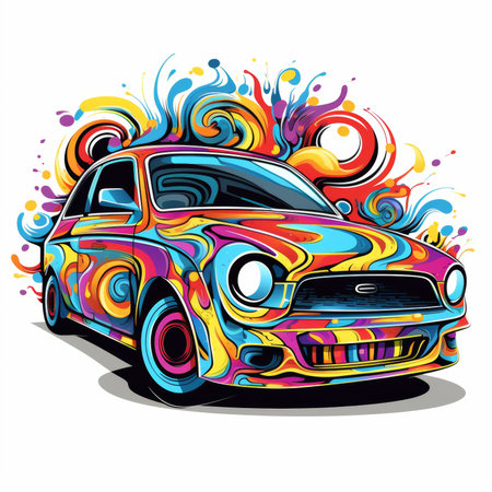 Vector illustration of a retro car with colorful paint splashes on a white backgroundの素材
