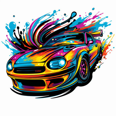 Vector illustration of sport car with colorful splashes. Design element for poster, card, banner.の素材