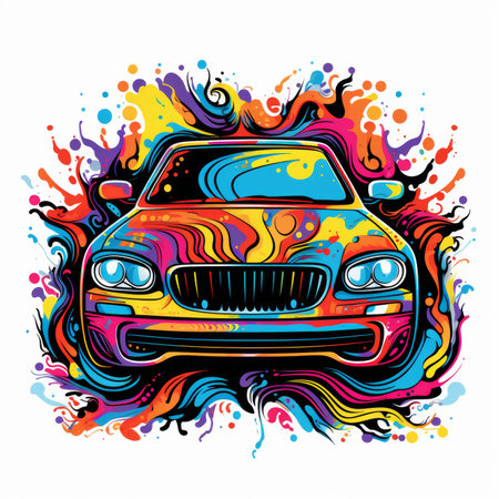 Vector illustration of a car on colorful splashes and blots.の素材