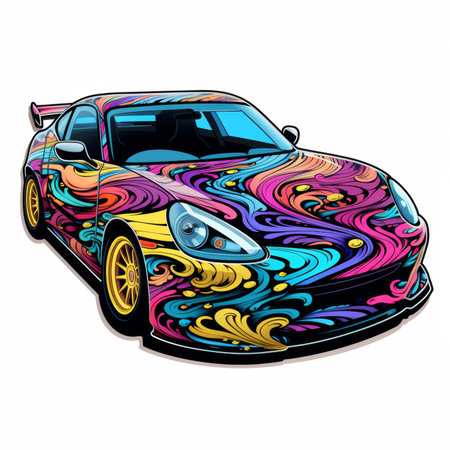 Sport car with colorful abstract pattern on the body. Vector illustration.の素材