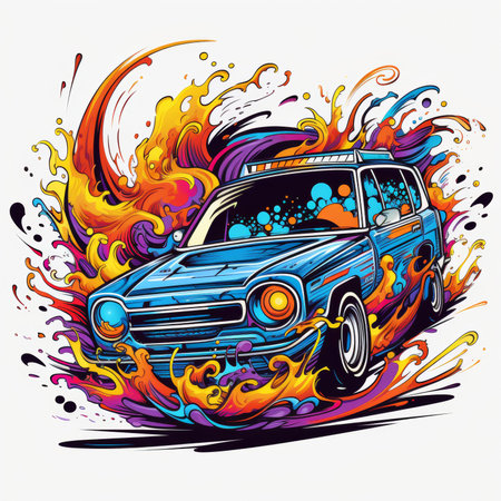 Illustration of a vintage car on fire background. Vector illustration.の素材