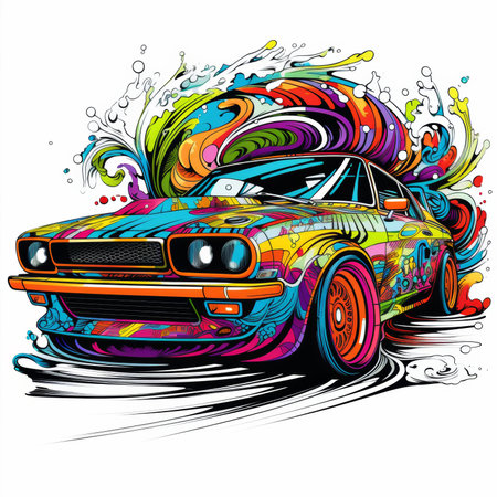 Vector illustration of a retro car with colorful splashes and spots.の素材