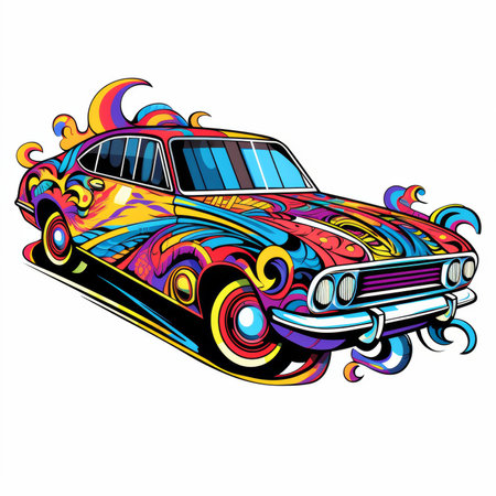 retro car with colorful pattern. vector illustration. for t-shirt designの素材