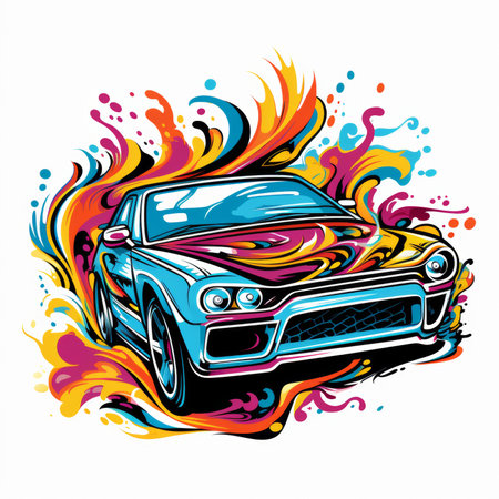 Vector illustration of a sports car on a background of colorful splashesの素材