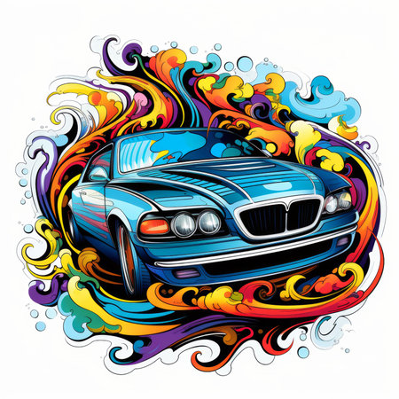 Vector illustration of a sport car on a colorful background with abstract elements.の素材
