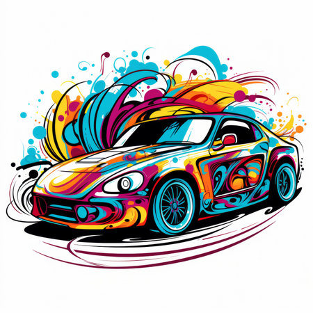 Vector illustration of sport car on a background of colorful splashes.の素材