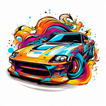 Vector illustration of a sport car with colorful splashes and blots.の素材