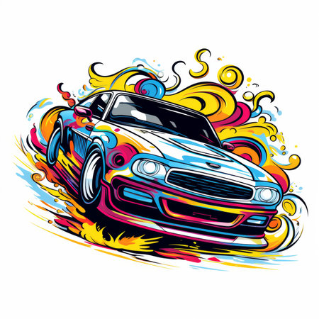 illustration of a sports car with colorful splashes on a white backgroundの素材